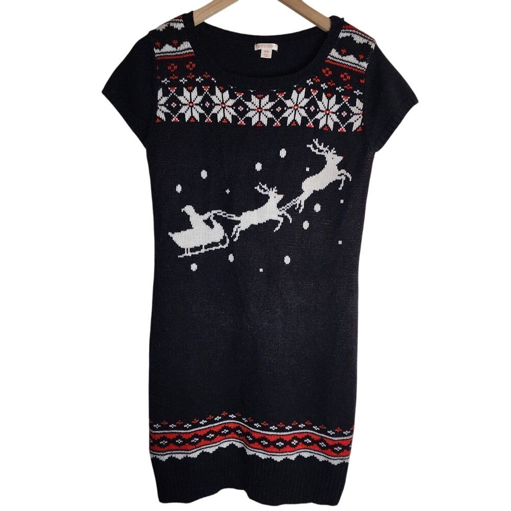 Xhilaration Christmas Sweater Dress Wen's Medium Knit Short Sleeve Santa